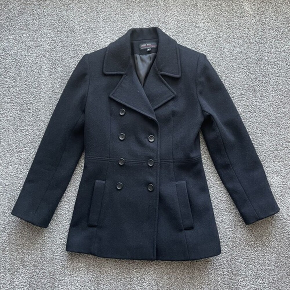 Jason Kole Women’s 100% Wool Pea Coat Size 1P Black Double Breasted Jacket